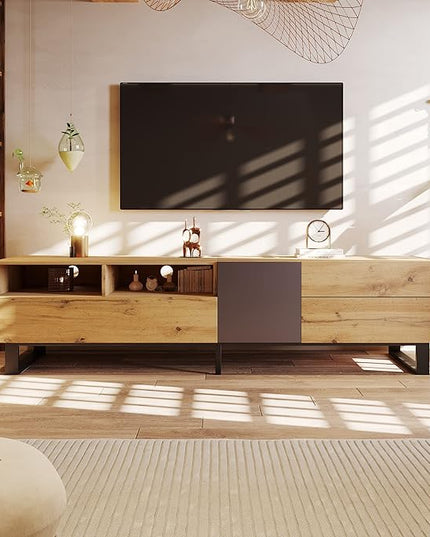 71 Inch TV Stand with Double Storage Space for TVs up to 80'', Modern TV Console with Drop Down Door, Entertainment Center for Living Room, Bedroom and Home Theatre, Wood+Black - LeafyLoom