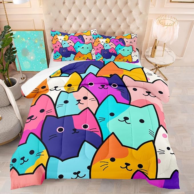 Cat Comforter Set Queen - Queen Size Colorful Cat Comforter Set for Kids Cute Cat Themed Bedding Queen Cartoon Cat Bedding for Girls, 1 Comforter+2 Pillowcases - LeafyLoom