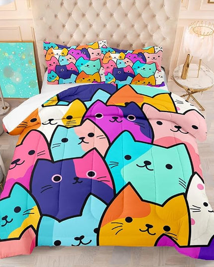 Cat Comforter Full Size - Full Size Comforter Girl Cat Cute Cat Bedding for Girls Kids Full Size Bedding Set Cats Colorful Cartoon Cat Comforter Set, 1 Comforter+2 Pillowcases - LeafyLoom