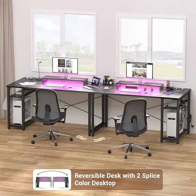 armocity Computer Desk with LED Lights, 47 Gaming Desk with Power Outlet and USB, Reversible Laptop Table with Moveable Monitor Stand for Small Spaces, Office, Room, Grey and Black - LeafyLoom