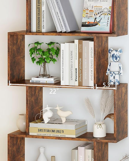 Yusong Geometric Bookcase, Bookshelf 6-Tier S Shaped Book Shelves for Bedroom, Modern Wood Decorative Display Shelf Tall Book Case for Home Office, Rustic Brown - LeafyLoom