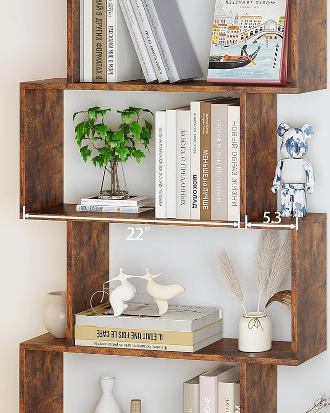 Yusong Geometric Bookcase, Bookshelf 6-Tier S Shaped Book Shelves for Bedroom, Modern Wood Decorative Display Shelf Tall Book Case for Home Office, Rustic Brown - LeafyLoom