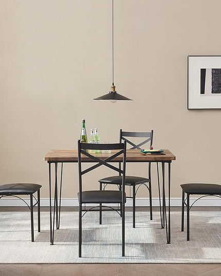 VECELO Kitchen Dining Room Table 4 Chairs for Small Space, Apartment,Metal Steel Frame, 5-Piece Set, Brown - LeafyLoom