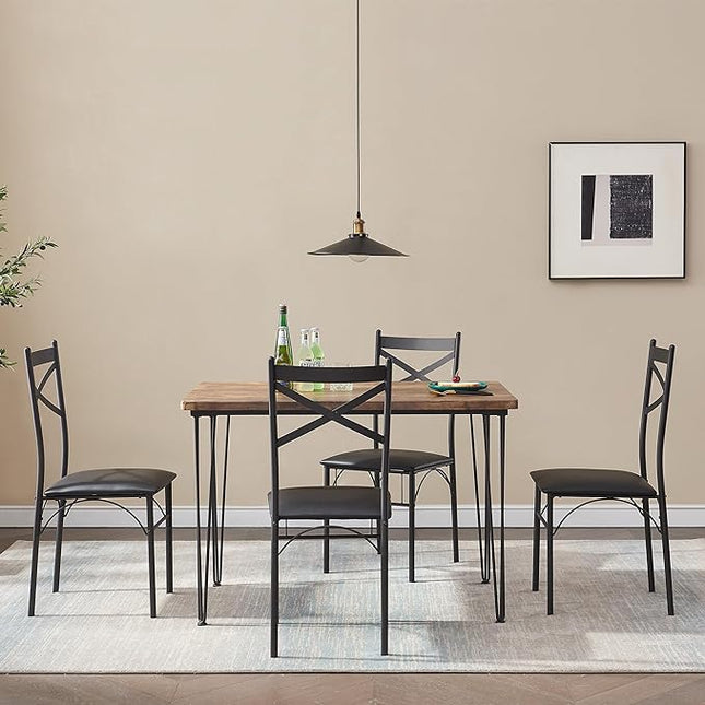 VECELO Kitchen Dining Room Table 4 Chairs for Small Space, Apartment,Metal Steel Frame, 5-Piece Set, Brown - LeafyLoom