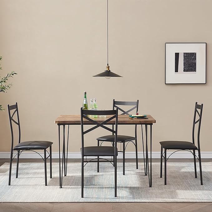 VECELO Kitchen Dining Room Table 4 Chairs for Small Space, Apartment,Metal Steel Frame, 5-Piece Set, Brown - LeafyLoom