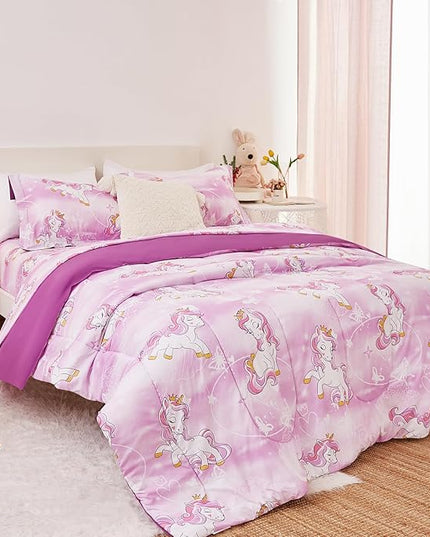 Unicorn Kids Comforter Set for Girls Twin, Cute Reversible Quilted Lavender Printed Bedding Set with Pillow Sham, Lightweight Soft Breathable Machine Washable Bed Set 2 Piece - LeafyLoom