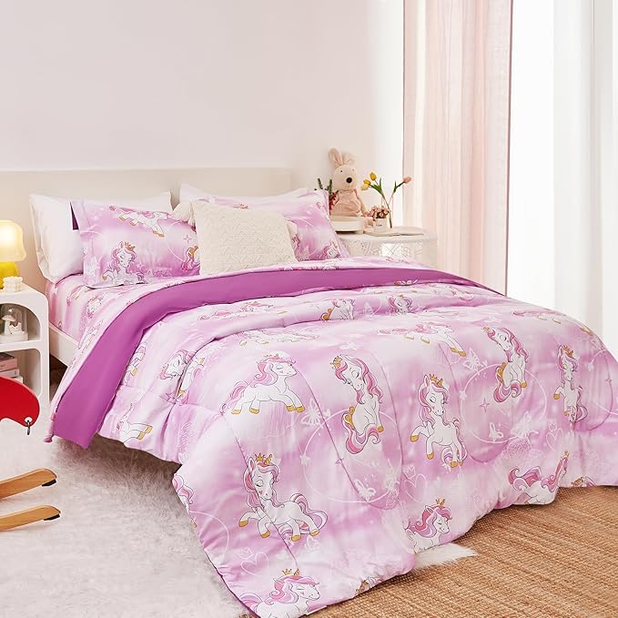 Unicorn Kids Comforter Set for Girls Full Size, Cute Reversible Quilted Lavender Printed Bedding Set with Pillow Sham, Lightweight Soft Breathable Machine Washable Bed Set 3 Piece - LeafyLoom