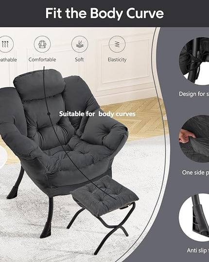 Lazy Chair with Folding Ottoman Modern Large Accent Chair,Contemporary Lounge Leisure Sofa Chair with Armrests Upholstered Sofa Armchair Reading Chair for Bedroom,Dorm & Office,Dark Grey - LeafyLoom