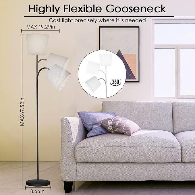 LED Floor Lamp, Standing Lamp for Living Room with Linen Lamp Shade,Adjustable Gooseneck Modern Reading Light,Floor Lamps for Bedroom,Office,Farmhouse,12W LED Bulb Included - LeafyLoom