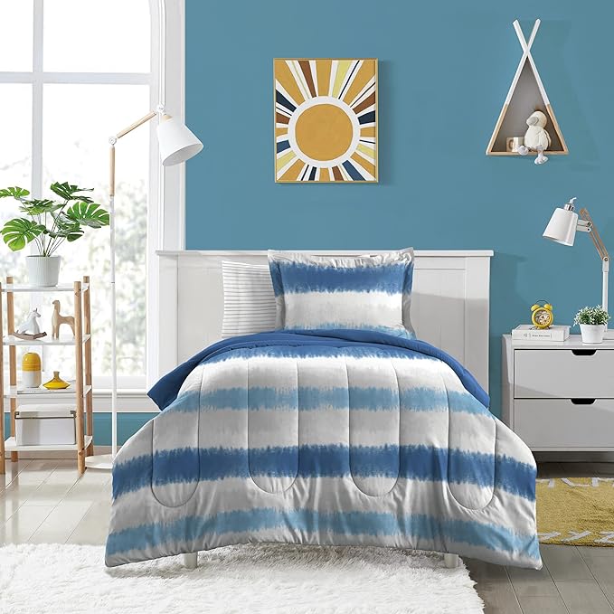 Dream Factory Kids 5-Piece Complete Bed Set Easy-Wash Super Soft Microfiber Comforter Bedding, Twin, Blue Tie Dye Stripe,2D872901BL - LeafyLoom