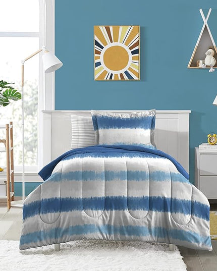 Dream Factory Kids 5-Piece Complete Bed Set Easy-Wash Super Soft Microfiber Comforter Bedding, Twin, Blue Tie Dye Stripe,2D872901BL - LeafyLoom
