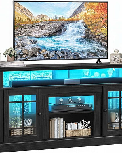YITAHOME Black TV Stand for 75 Inch TV with LED Lights, 32'' Tall Modern TV Stands w/Adjustable Shelves & Glass Doors, Mid Century Modern Entertainment Center TV Media Console Table for Living Room - LeafyLoom