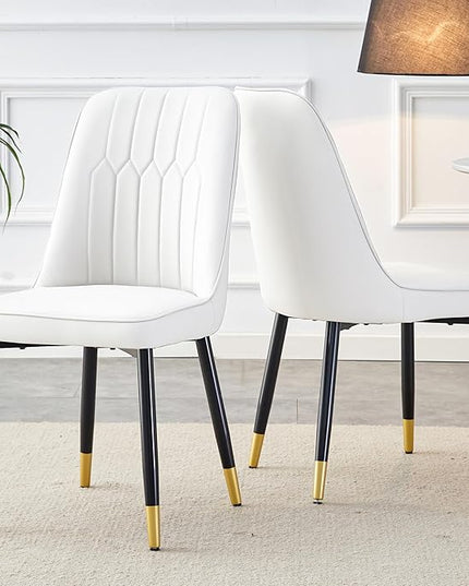 Modern Set of 2, Faux Leather Dining PU Upholstered White Kitchen Chairs with Black Golden Metal Legs for Home Living Room, Restaurant, 2 Piece - LeafyLoom