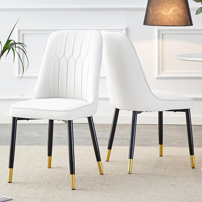 Modern Set of 2, Faux Leather Dining PU Upholstered White Kitchen Chairs with Black Golden Metal Legs for Home Living Room, Restaurant, 2 Piece - LeafyLoom