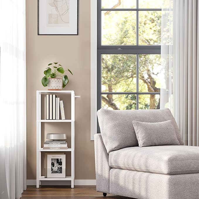 TUTOTAK Bookshelf, 4-Tier Tall Book Shelf, Narrow Bookcase for Small Space, DIY Stackable Bookshelf, for Living Room, Office, Study, Entryway, Industrial, White BS01BW004 - LeafyLoom