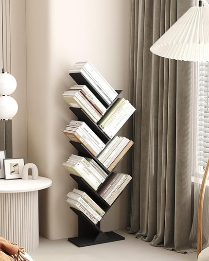 Function Home 9 Tier Tree Bookshelf, Modern Tall Geometric Bookcase, Freestanding Book Shelf, Wood Floor Storage Shelf for Living Room, Bedroom, Home Office,Black - LeafyLoom