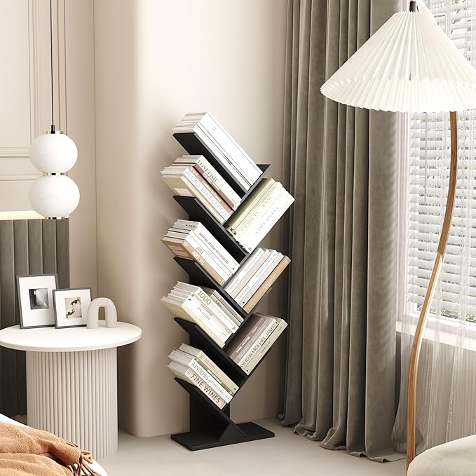 Function Home 9 Tier Tree Bookshelf, Modern Tall Geometric Bookcase, Freestanding Book Shelf, Wood Floor Storage Shelf for Living Room, Bedroom, Home Office,Black - LeafyLoom