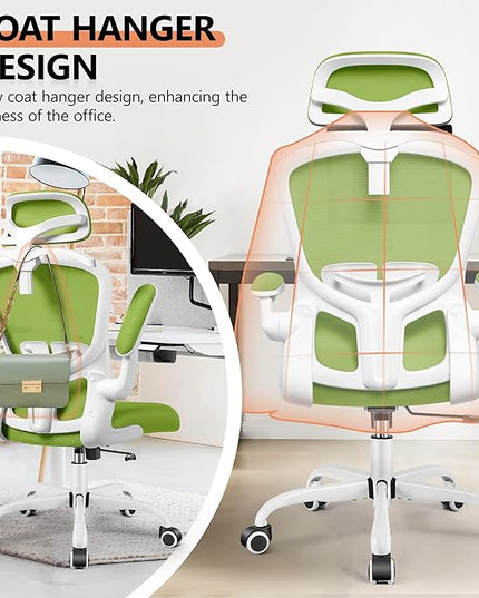 FelixKing Office Chair with Headrest, Ergonomic Desk Chair with Wheels, Task Swivel Comfy Chair with Adjustable Lumbar Support, Breathable Mesh Computer Chair with flip-up Armrests (Green) - LeafyLoom