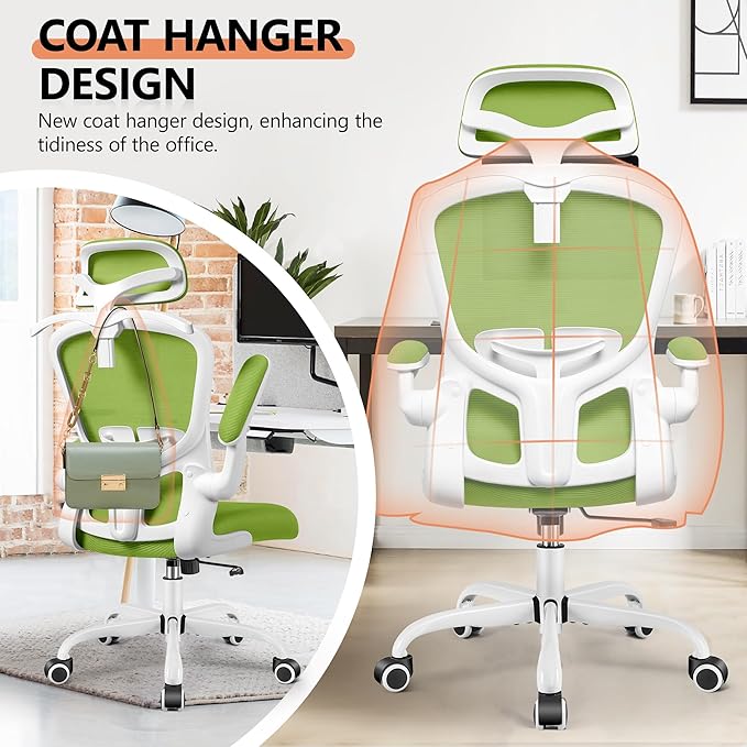 FelixKing Office Chair with Headrest, Ergonomic Desk Chair with Wheels, Task Swivel Comfy Chair with Adjustable Lumbar Support, Breathable Mesh Computer Chair with flip-up Armrests (Green) - LeafyLoom