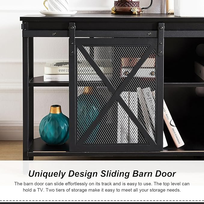HOMISSUE Corner TV Stand, Corner TV Stand for 55 60 Inch TV, Industrial & Farmhouse Corner Entertainment Center w/Sliding Barn Door, Corner TV Cabinet for Living Room, Black - LeafyLoom