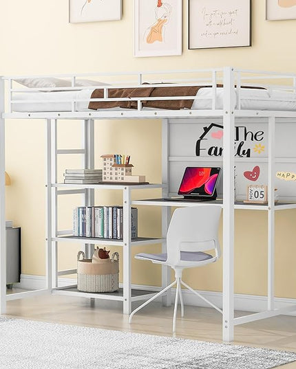 RITSU Twin Size Loft Bed, Heavy Duty Metal Bedframe with Desk and Whiteboard, 3 Big Shelves The Storage Space, Sturdy Construction, for Children's Room, Teens, White - LeafyLoom