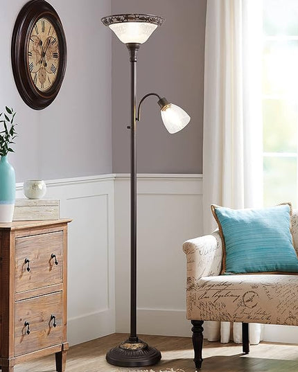 Victorian Floor Lamp, 70" Elegant Standing Lamp with Etched Glass Shade, Metal Body & Heavy Base, Vintage Tall Corner Lamp Decor for bedroom, Living Room, Den, Office. No Bulbs (2 Head) - LeafyLoom