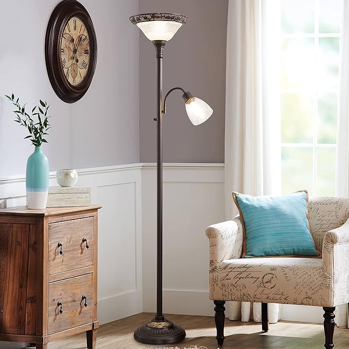Victorian Floor Lamp, 70" Elegant Standing Lamp with Etched Glass Shade, Metal Body & Heavy Base, Vintage Tall Corner Lamp Decor for bedroom, Living Room, Den, Office. No Bulbs (2 Head) - LeafyLoom