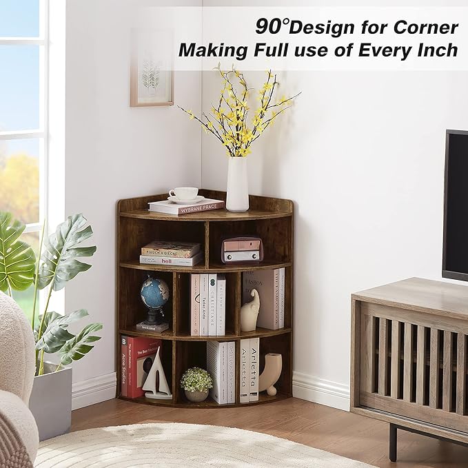 Vecelo 3-Tier Corner Cabinet with 8 Cubbies, Wooden Cube Storage Organizer, Modern Bookshelf Units for Playroom, Bedroom, Living Room, Brown - LeafyLoom