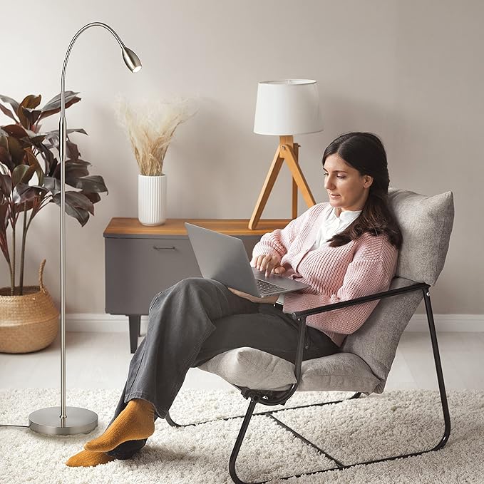 O’Bright Ray – Adjustable LED Beam Floor Lamp, Dimmable and Zoomable Spotlight, Flexible Gooseneck, Reading/Crafting Standing Lamp, Work Table Light, Brushed Nickel - LeafyLoom