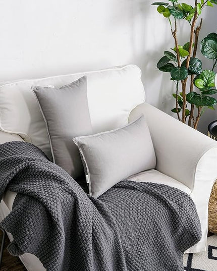 Jeanerlor Cotton Linen Square Decorative Throw Pillow Case Cushion Cover with Twin Needles Stitch on Edge, 12"x20"(30 x 50cm), 2 Pcs, Silver Grey - LeafyLoom