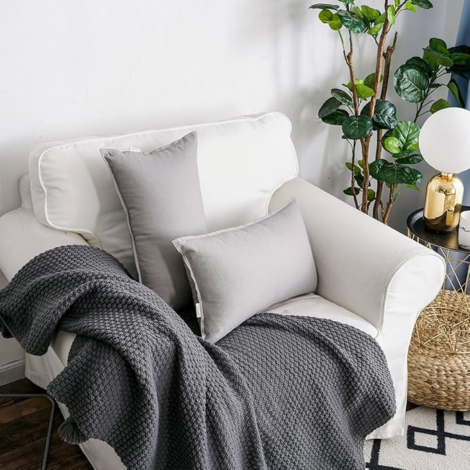 Jeanerlor Cotton Linen Square Decorative Throw Pillow Case Cushion Cover with Twin Needles Stitch on Edge, 12"x20"(30 x 50cm), 2 Pcs, Silver Grey - LeafyLoom