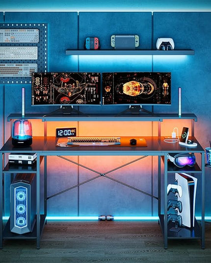 Bestier Gaming Desk with Reversible Power Outlets, 55 inch LED Computer Desk with Monitor Stand & Adjustable Shelves, Writing Desk with Cup Holder & Hook for Home Office, Black 3D Carbon Fiber - LeafyLoom