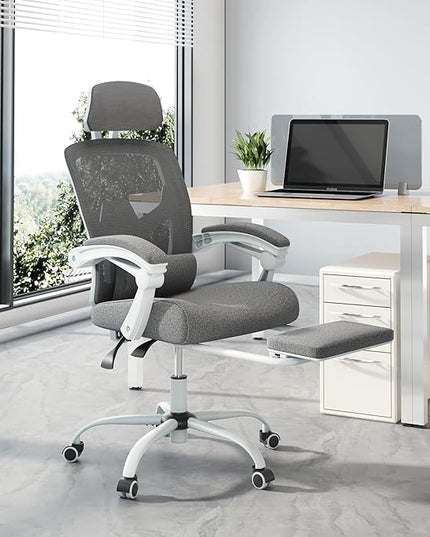 edx Ergonomic Office Chair, Reclining High Back Mesh Computer Desk Swivel Rolling Home Task Chair with Lumbar Support Pillow, Adjustable Headrest, Retractable Footrest and Padded Armrests, Grey - LeafyLoom