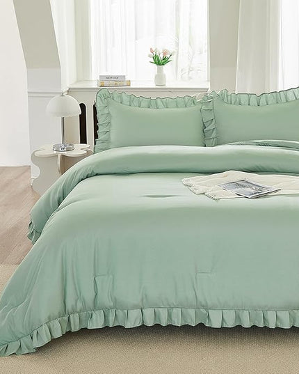 Andency Sage Green California King Comforter Set, 3 Pieces Farmhouse Shabby Chic Cal King Size Ruffle Bed Set, Oversized Soft Lightweight Microfiber Bedding Set - LeafyLoom