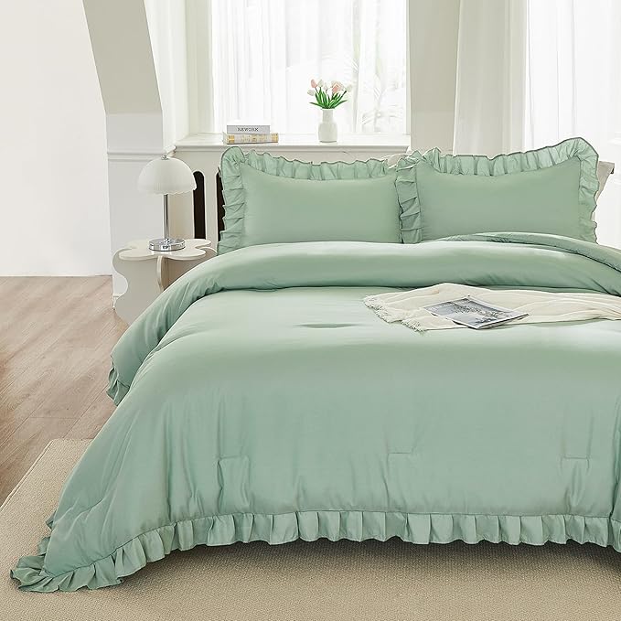 Andency Queen Size Comforter Set, Sage Green Ruffle Bedding Set, 3 Pieces Boho Comforter for Queen Bed, Farmhouse Ruffle Bed Comforter Set, Lightweight and Soft Bedding Comforter for All Seasons - LeafyLoom