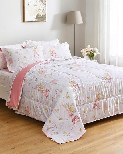 Printed Queen Bedding Sets with Comforter and Sheets, 7 Piece Bed in A Bag Comforter Set with Fluffy Microfiber, Romantic Paris City Floral Pink Retro Eiffel Tower Pattern - LeafyLoom