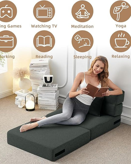 Convertible Folding Sofa Bed - Sleeper Chair with Pillow, Modern Linen Fabric Floor & Futon Couch, Foldable Mattress for Living Room/Dorm/Guest Use/Home Office/Apartment, Single Size, Dark Gray - LeafyLoom