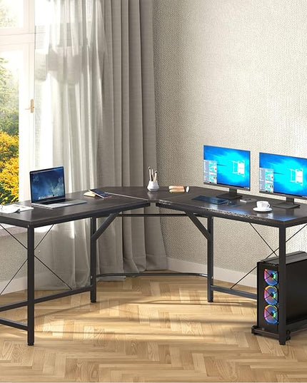 DlandHome L-Shaped Computer Desk 59 inches x 59 inches, Composite Wood and Metal, Home Office PC Laptop Study Workstation Corner Table with CPU Stand, Brown Black and Black Legs, ZJ02-BB - LeafyLoom