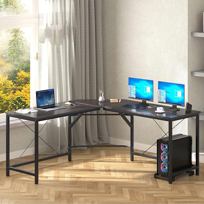 DlandHome L-Shaped Computer Desk 59 inches x 59 inches, Composite Wood and Metal, Home Office PC Laptop Study Workstation Corner Table with CPU Stand, Brown Black and Black Legs, ZJ02-BB - LeafyLoom