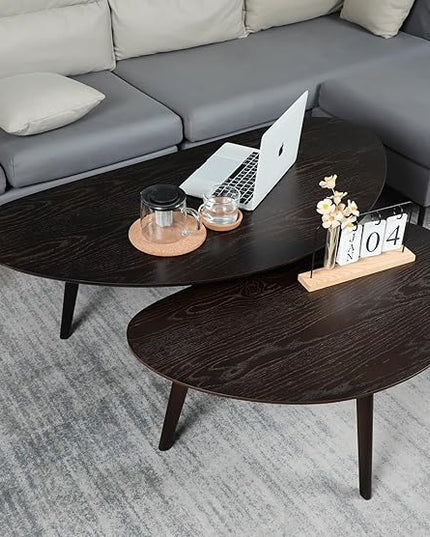 FIRMINANA Small Oval Coffee Table for Small Space,Mango Shape Tabletop，Simple Modern Table with OAK Legs, Black Walnut 18.9" D x 33.47" W x 15.75" H - LeafyLoom