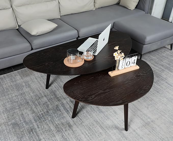 FIRMINANA Small Oval Coffee Table for Small Space,Mango Shape Tabletop，Simple Modern Table with OAK Legs, Black Walnut 18.9" D x 33.47" W x 15.75" H - LeafyLoom