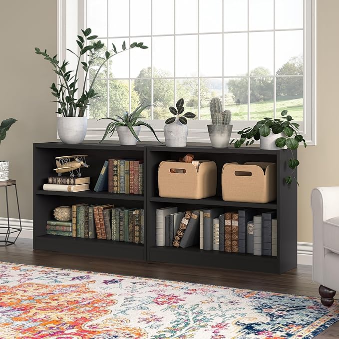Bush Furniture Universal Small 2 Shelf Bookcase in Black - Set of 2, Matching Storage and Display Bookshelves for Home Office or Living Room Organization - LeafyLoom