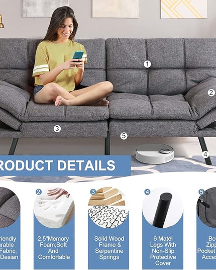 MUUEGM Futon Sofa Bed Couch Convertible Memory Foam Sleeper Love Seat,Modern Daybed for Living Room,Office,Small Space,Apartment,Adjustable Backrests Armrests,71" Sofabed, Pure Grey - LeafyLoom
