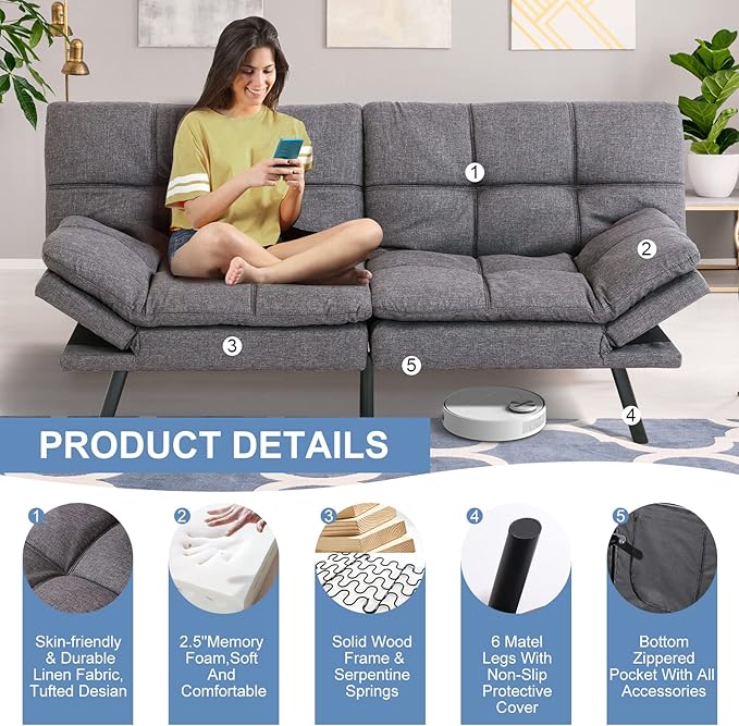 MUUEGM Futon Sofa Bed Couch Convertible Memory Foam Sleeper Love Seat,Modern Daybed for Living Room,Office,Small Space,Apartment,Adjustable Backrests Armrests,71" Sofabed, Pure Grey - LeafyLoom