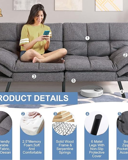 MUUEGM Futon Sofa Bed Couch Memory Foam Futon Convertible Couch Bed Sleeper,Modern Love Seat Daybed Sofa for Living Room,Small Space,Office,71",Adjustable Backrests Armrests,Grey - LeafyLoom
