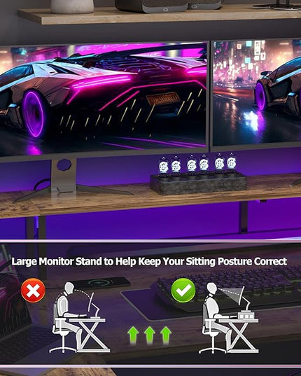 L Shaped Gaming Desk with Power Outlets, 47 Inch Computer Desk with LED Lights and Reversible Shelves, Corner Desk Work Desk for Home Office Bedroom, Rustic Brown - LeafyLoom