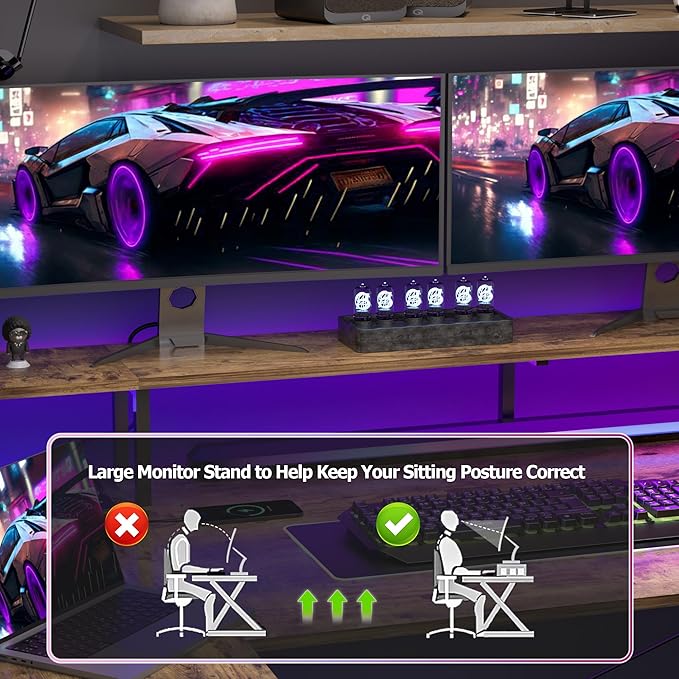 L Shaped Gaming Desk with Power Outlets, 47 Inch Computer Desk with LED Lights and Reversible Shelves, Corner Desk Work Desk for Home Office Bedroom, Rustic Brown - LeafyLoom