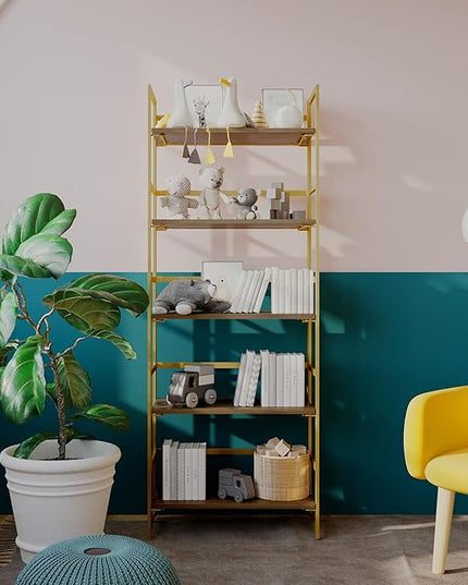 No-Assembly Folding Gold Bookshelf Storage Shelves 5 Tiers Vintage Multifunctional Plant Flower Stand Storage Rack Shelves Bookcase for Home Office - LeafyLoom