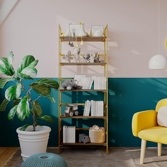 No-Assembly Folding Gold Bookshelf Storage Shelves 5 Tiers Vintage Multifunctional Plant Flower Stand Storage Rack Shelves Bookcase for Home Office - LeafyLoom