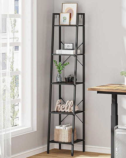 Ladder Shelf, Bookshelf Bookcase, Freestanding Corner Storage Shelve with 2 Hooks for Home Office, Living Room, Kitchen, Bedroom, Industrial, 5-Tier Black BC03204B - LeafyLoom